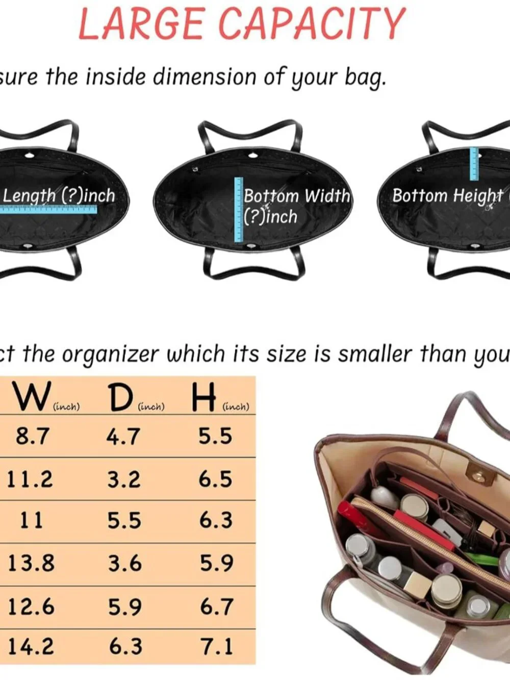 Felt Bag Organizer Insert with Zipper and Key Chain for Tote Purse - Brown Small - Picture 6 of 7